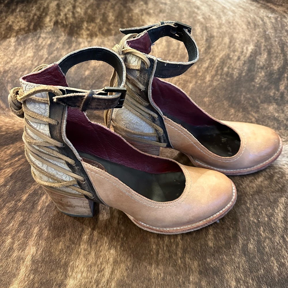 Freebird by Steven Taupe and Cream Leather Ankle-Strap Heels